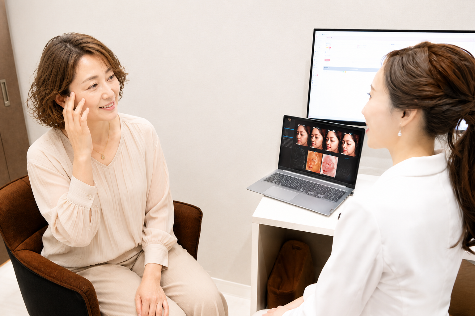 鏡を見て肌の変化を気にする40代の女性