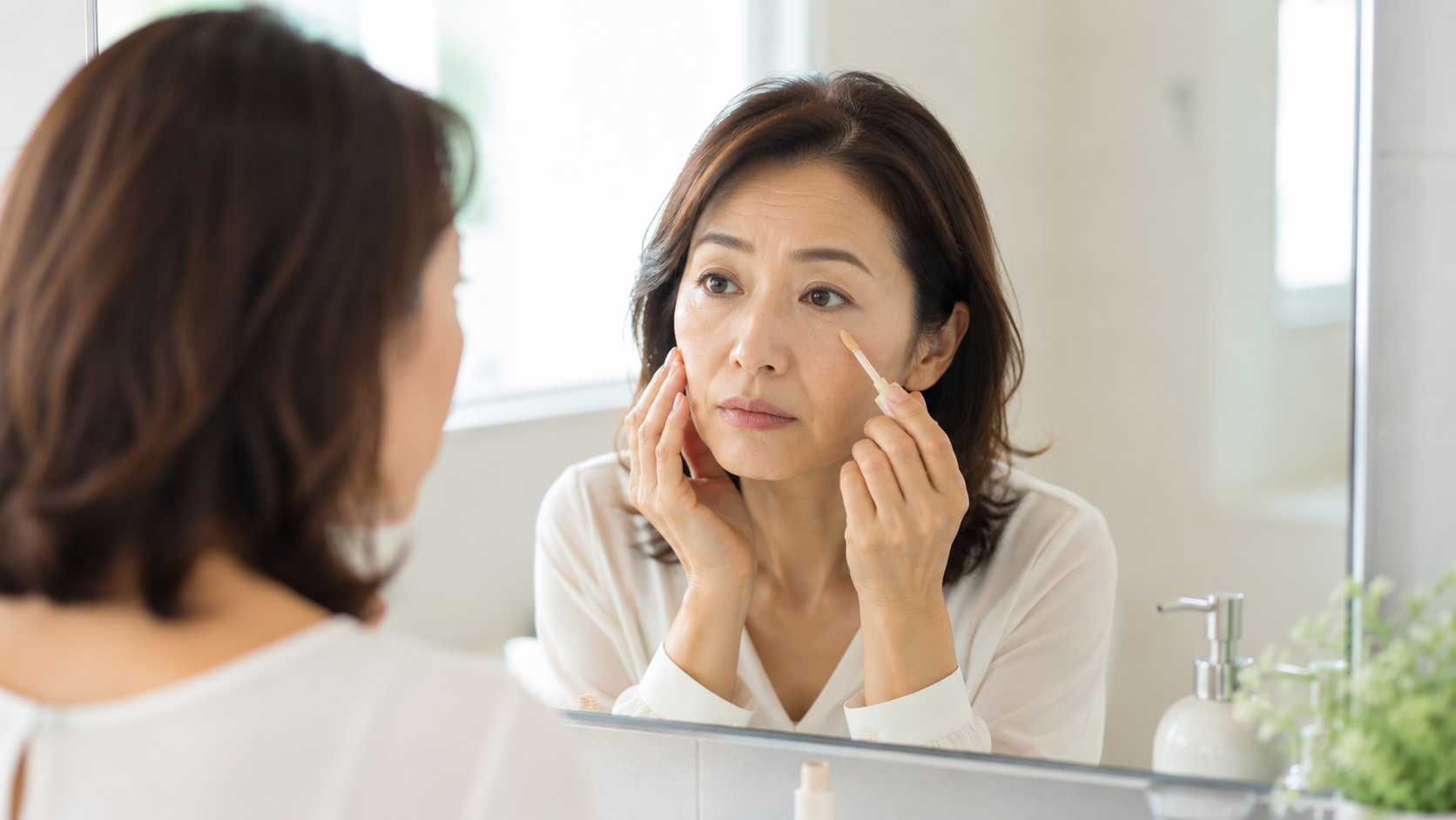 鏡を見て肌の変化を気にする40代の女性