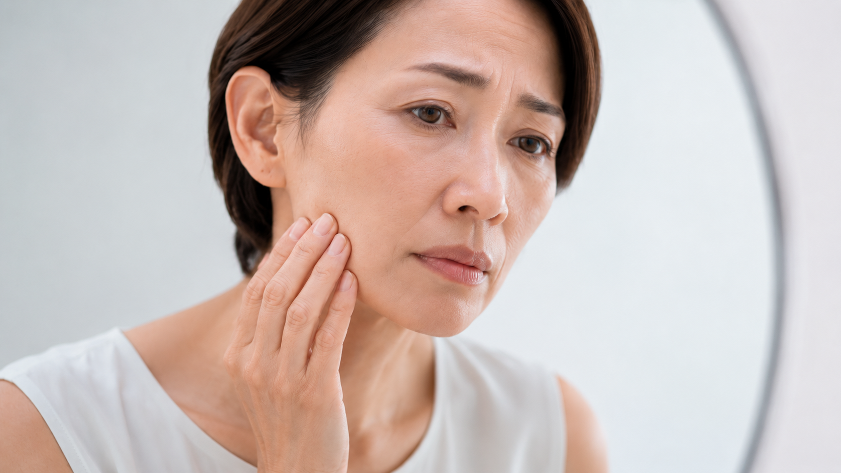 鏡を見て肌の変化を気にする40代の女性