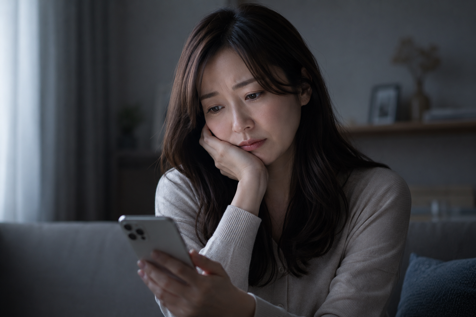鏡を見て肌の変化を気にする40代の女性