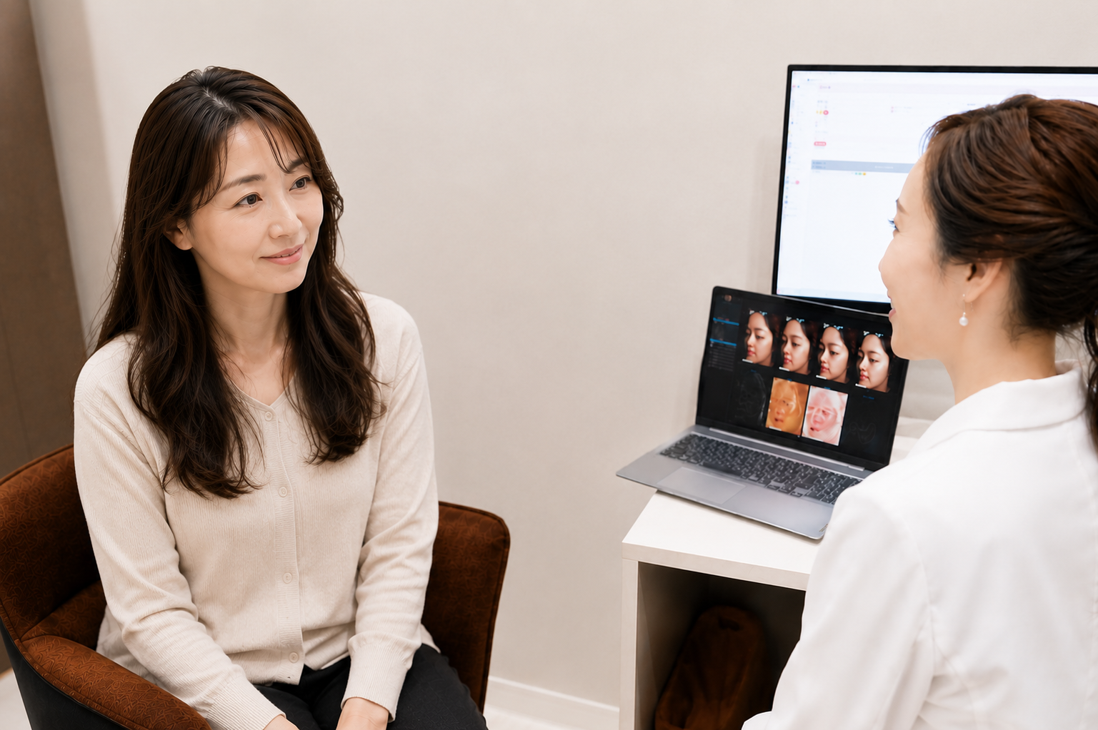 鏡を見て肌の変化を気にする40代の女性